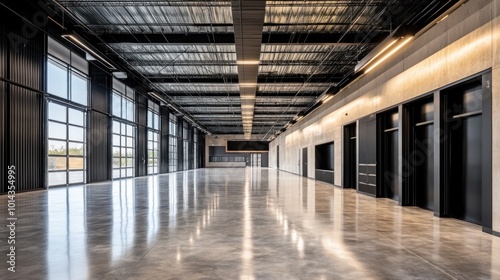 warehouse showcases self-service containers, sleek black doors, and a polished concrete floor