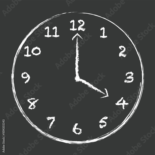 Clock face written with white chalk on a school blackboard. A circle, within the numerals of the twelve hours, and the two hands for hours and minutes, pointing on four o clock. Illustration. Vector.