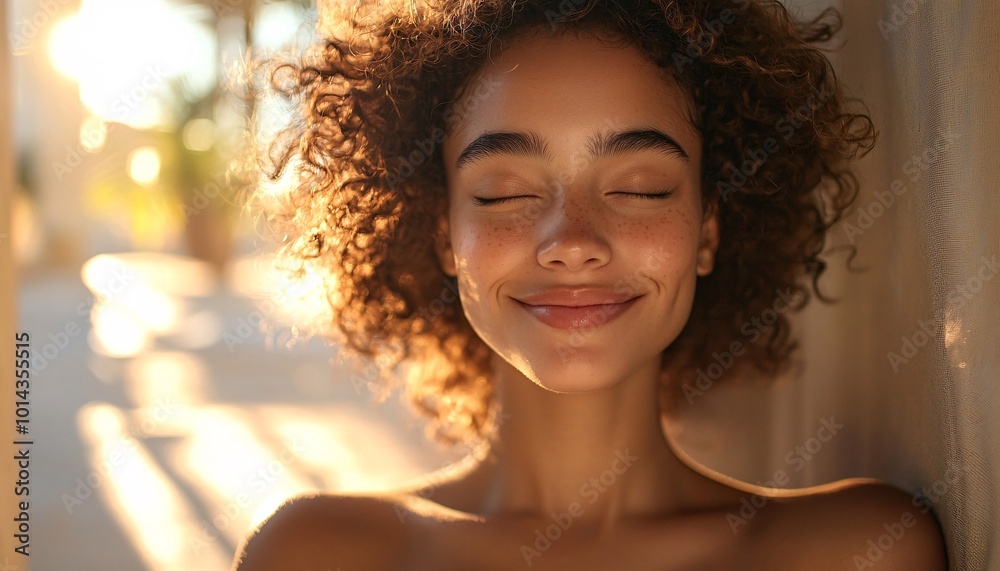 portrait of a person smiling with eyes close portrait of a person smiling with eyes close