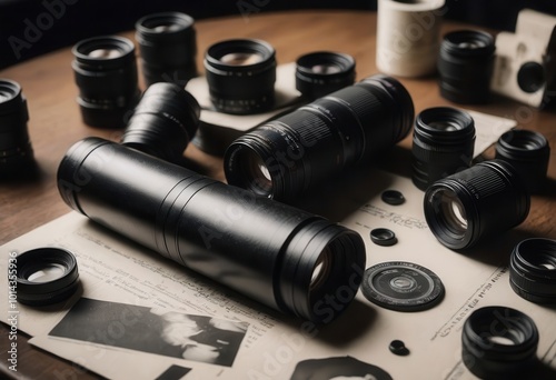 A camera is placed on a wooden table and is surrounded by various lenses