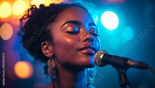 Soulful Backup Singer Harmonizing with Passion in Soft-Focus Medium Shot on Stage photo