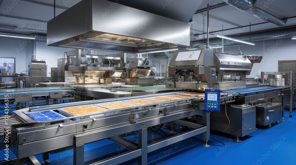 Conveyor belts in a food processing facility, featuring stainless steel equipment and automated systems, showcasing the efficient production of baked goods. Conveyor belts in a food processing facility, featuring stainless steel equipment and automated systems, showcasing the efficient production of baked goods.