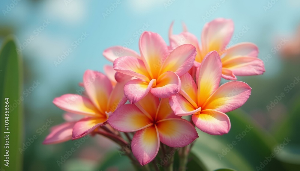 Tropical Pink and Yellow Plumeria Flowers in Pinwheel Shape Against a Clear Blue Sky Tropical Pink and Yellow Plumeria Flowers in Pinwheel Shape Against a Clear Blue Sky