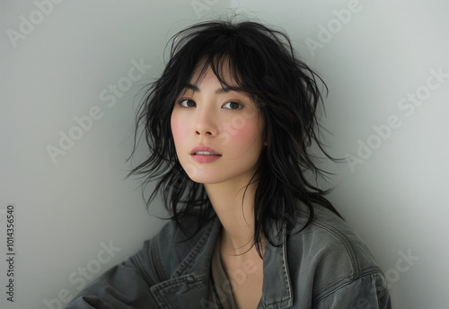 Portrait of a Young Asian Woman with Wind Swept Hair photo