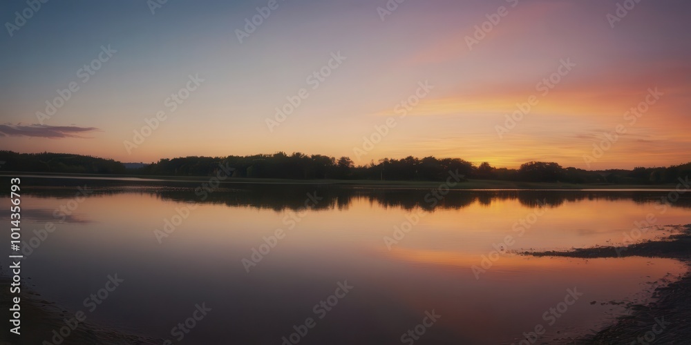 A breathtaking panoramic view of a vibrant sunset over a tranquil body of water A breathtaking panoramic view of a vibrant sunset over a tranquil body of water