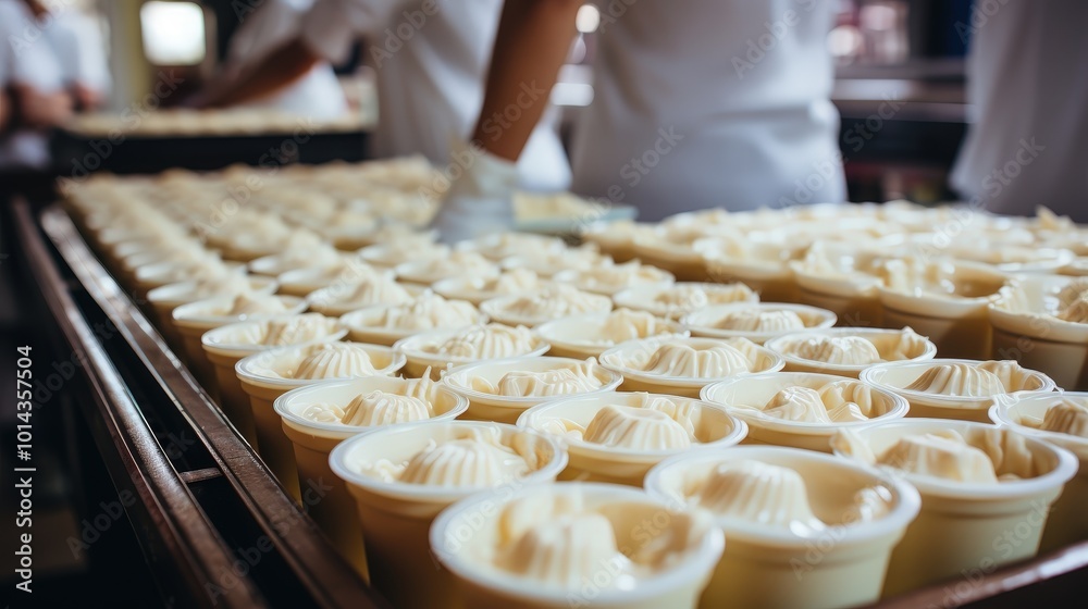 A production line showcasing rows of small containers filled with a creamy, white substance, ready for packaging and distribution. A production line showcasing rows of small containers filled with a creamy, white substance, ready for packaging and distribution.