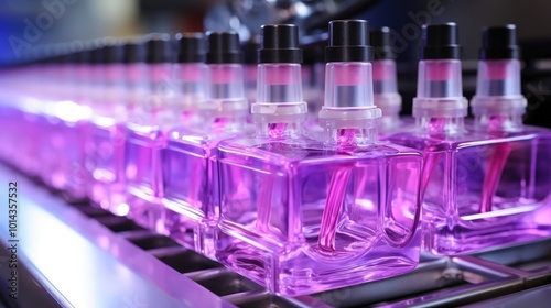 Bottles filled with vibrant purple liquid move along a conveyor belt during a manufacturing process, highlighting the efficiency and precision of modern production lines.