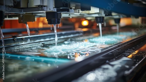 Close-up of a water jet washing system, showcasing water spraying and generating bubbles on a glass surface, highlighting the industrial process of cleaning materials. photo