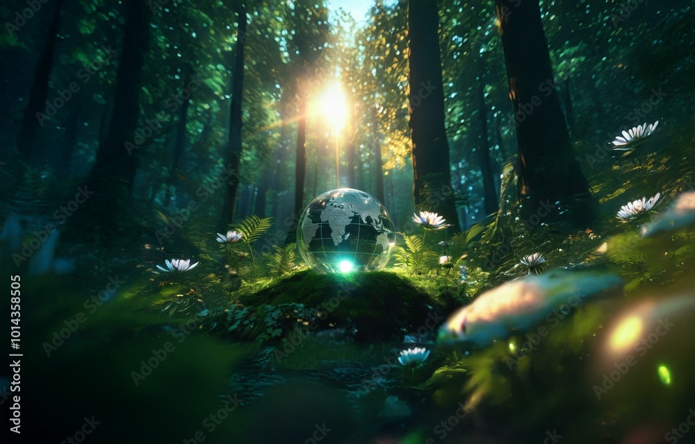 A glass globe representing the Earth is nestled in a lush, green forest setting. The sun shines through the trees and illuminates the globe with a soft glow. A glass globe representing the Earth is nestled in a lush, green forest setting. The sun shines through the trees and illuminates the globe with a soft glow.