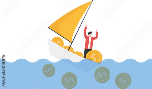 Businessman's boat and gold coins sinking

