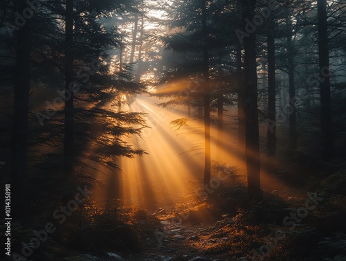 Misty forest with sun rays illuminating a path through the trees.