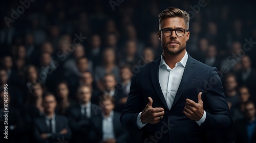 A senior executive addressing a large audience, with key team members standing confidently behind him, each playing a critical role in the overall success of the company. Ultra-Realistic, Photo  photo