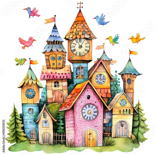 Watercolor Illustration of a Colorful Castle with Birds Flying Around.