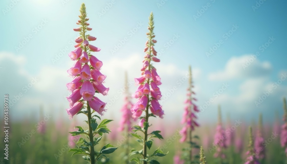 Obraz premium Lush Foxglove Flower Spike Surrounded by Green Plants Under a Bright Blue Sky