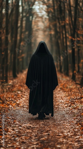 A person walking down a narrow path through an autumn forest, with a dark cloak and hood, giving the scene a mysterious, moody feel