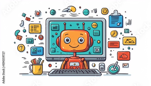 Wallpaper Mural Cheerful Cartoon Robot Typing on Computer Surrounded by Colorful Software Application Icons - Vibrant Illustration Style Torontodigital.ca