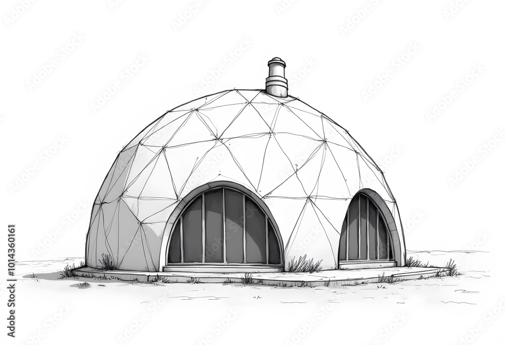 Obraz premium Geodesic dome black and white sketch exterior front elevation. geodesic structure with a big panoramic window and a little chimney 