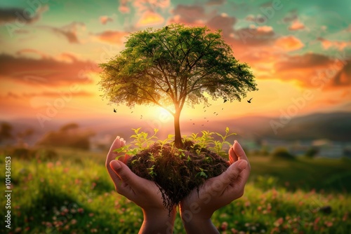 adult hands holding a tree growing on a green sunset background. world eco day concept photo