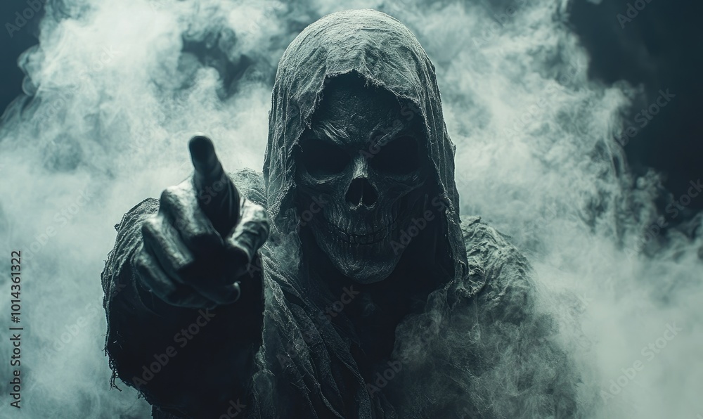 Grim Reaper Reaching Out Toward Camera on Dark Background with Copy Space Grim Reaper Reaching Out Toward Camera on Dark Background with Copy Space