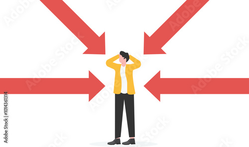 Countless falling arrows rushing towards desperate businessmen, business management, risk control, economic recession, financial crisis or stock market crash

