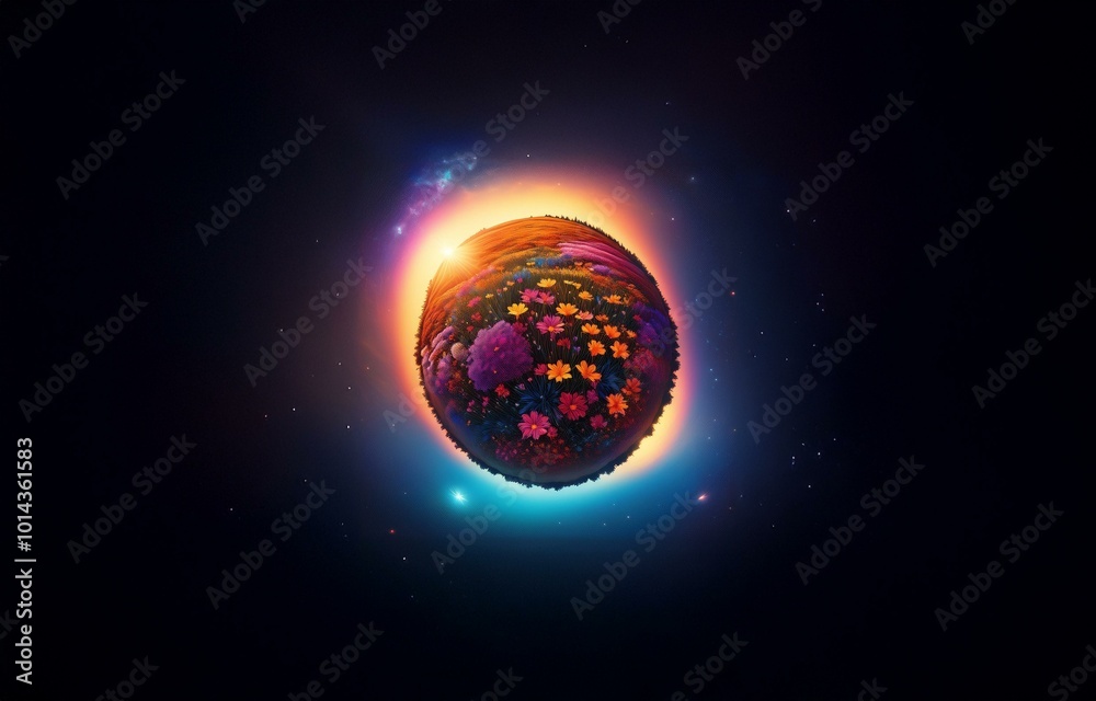 Fototapeta premium A spherical planet covered in colorful flowers with a glowing ring surrounding it against a dark, starry background.