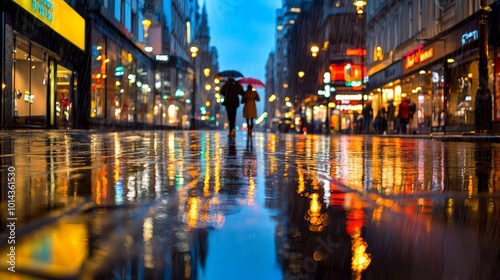 A quiet rainstorm in a bustling city at night, with reflections of streetlights shimmering on the wet pavement and people walking under umbrellas