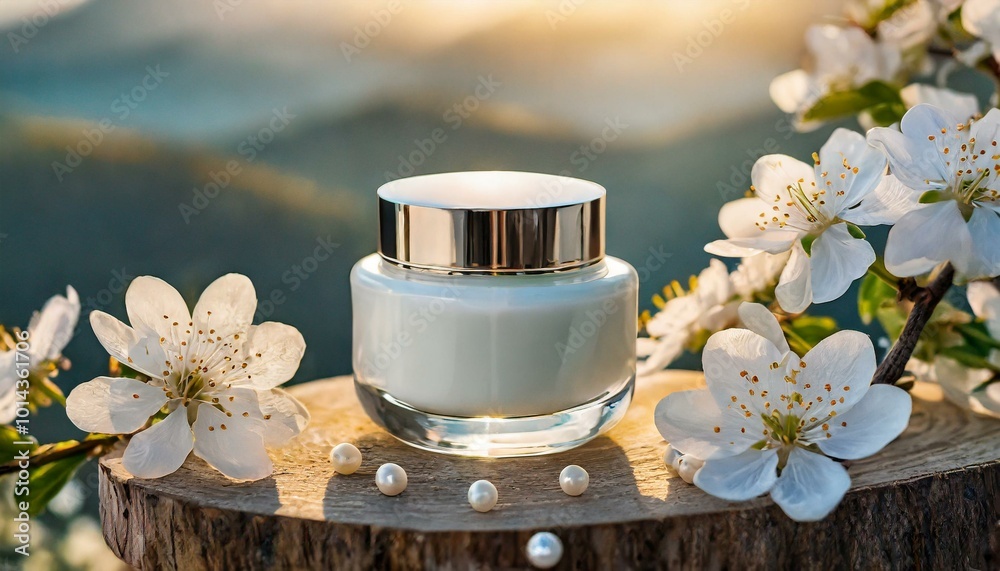 jar for cosmetics. white hand cream jar with no label on the stand. delicate floral background with white pearl jar for cosmetics. white hand cream jar with no label on the stand. delicate floral background with white pearl