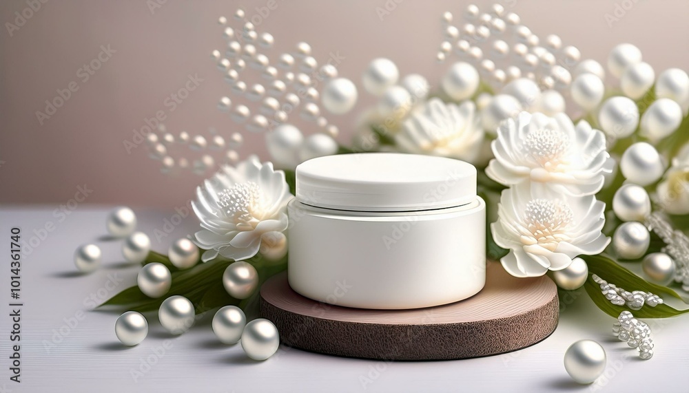 jar for cosmetics. white hand cream jar with no label on the stand. delicate floral background with white pearl jar for cosmetics. white hand cream jar with no label on the stand. delicate floral background with white pearl