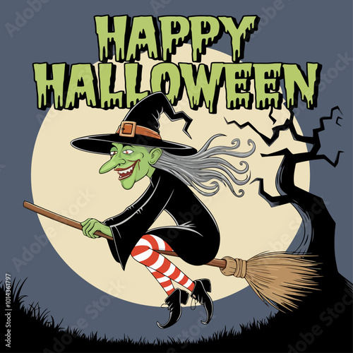 Halloween witch flying on a broomstick with a full moon in the background.