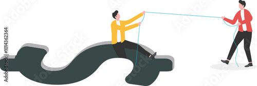 The businessman pulls the companion out of the abyss of the dollar sign and helps the companion solve the problem

