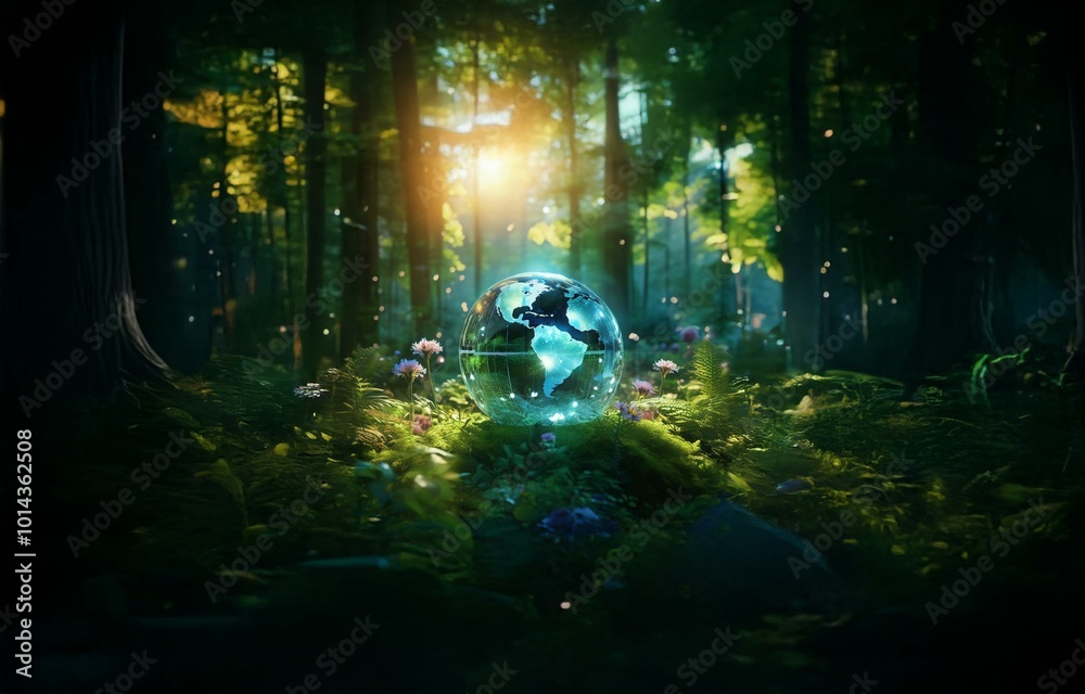 Obraz premium A glowing glass globe sits in a mossy clearing in a lush forest, with sunlight filtering through the trees.
