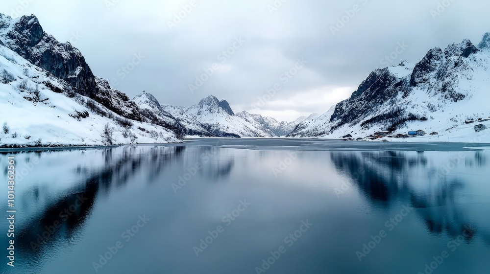 A quiet winter landscape with snow-capped mountains, frozen lakes, and a soft, pale sky overhead A quiet winter landscape with snow-capped mountains, frozen lakes, and a soft, pale sky overhead