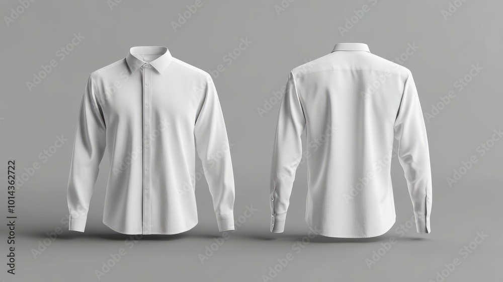 3D illustration of front and back views blank long-sleeve collared shirt for t-shirt print design presentation, with clear windows and shadow