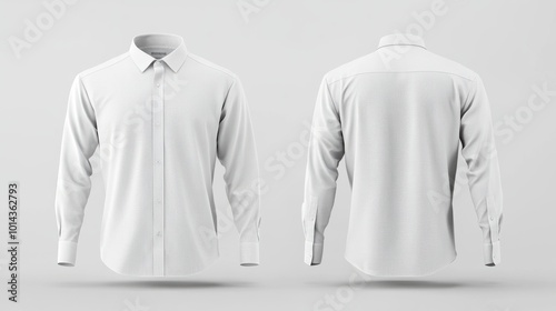 3D mockup of plain white long-sleeve collared shirt, front and back views for print design presentation, with clear backdrop and natural lighting