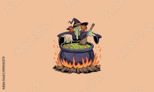 Skeleton witch stirring a bubbling cauldron over a fire.