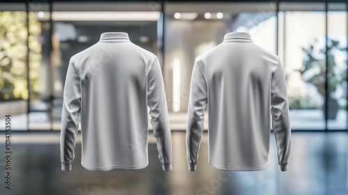 Blank long-sleeve shirt with collar, front and back views, 3D rendering for print t-shirt design mockup, clear glass windows in the background