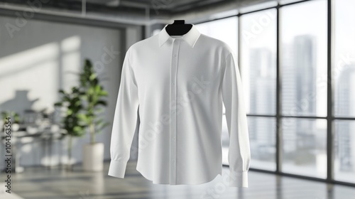 Collared shirt mockup, front view in white, long sleeves, plain t-shirt design for 3D presentation, clear background and windows