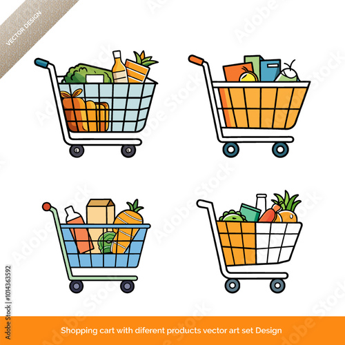 Shopping cart with different products vector art set Design 