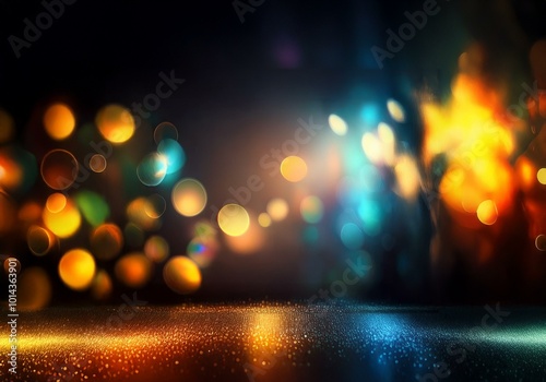 Abstract background with bokeh lights in orange, blue, and green with a glitter surface in the foreground.