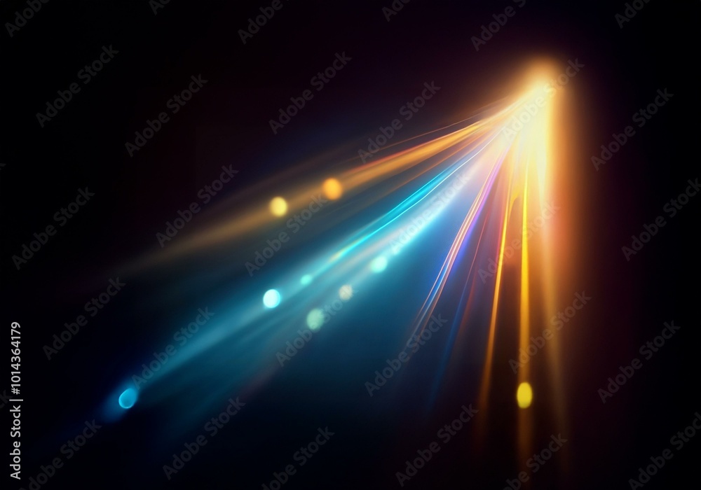 Obraz premium Bright streaks of light in blue and yellow converge, creating a dynamic abstract pattern against a dark backdrop.