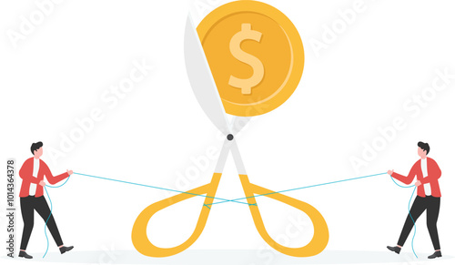 Two businessmen cut off falling money with scissors

