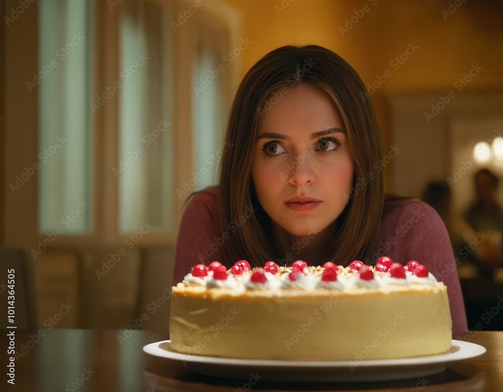 A woman is seen blowing out a single candle on her birthday cake A woman is seen blowing out a single candle on her birthday cake