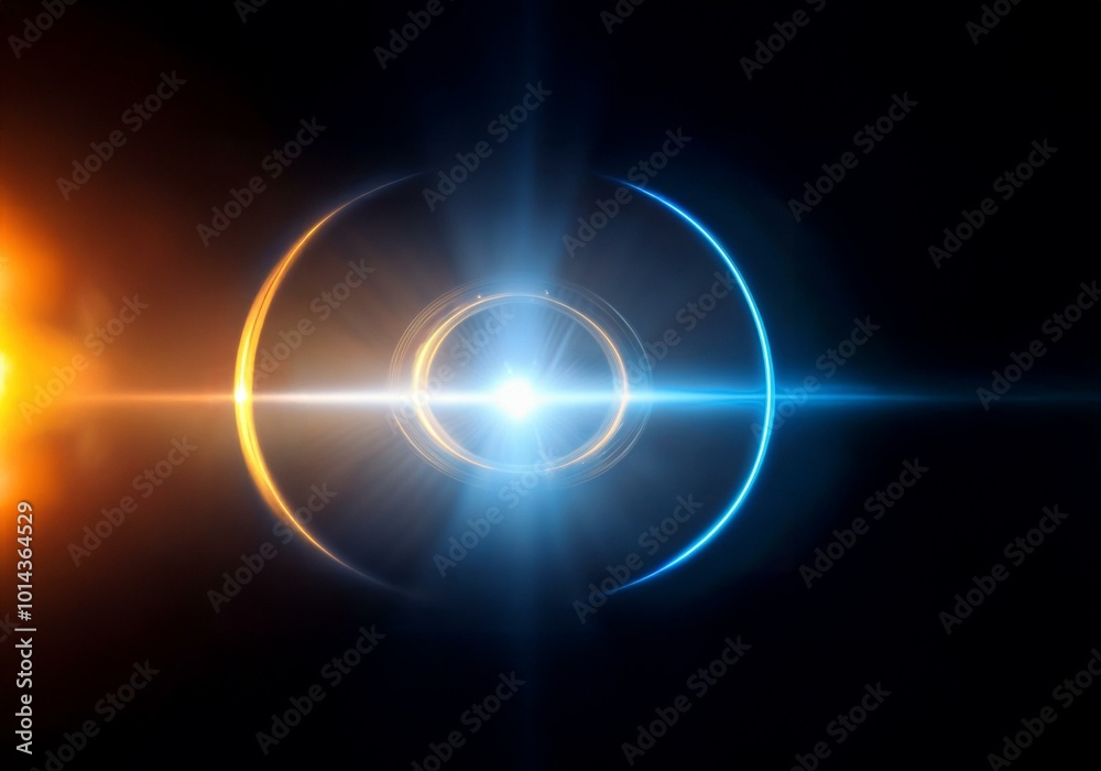Fototapeta premium A bright light shines through a dark space. Two glowing rings surround the central point, one orange and the other blue.