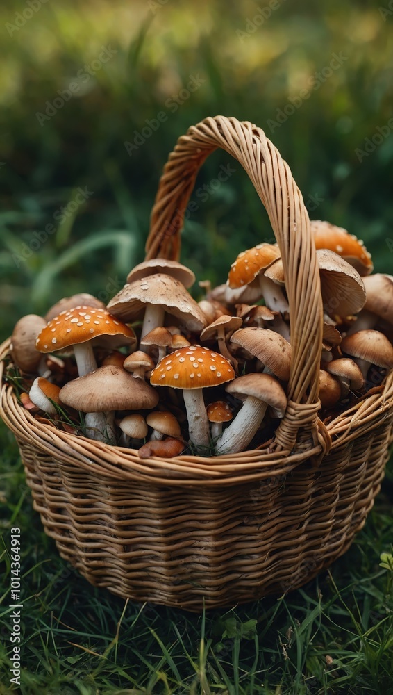 Basket full of mushrooms sitting on a grassy surface, no visible people in the image. Basket full of mushrooms sitting on a grassy surface, no visible people in the image.