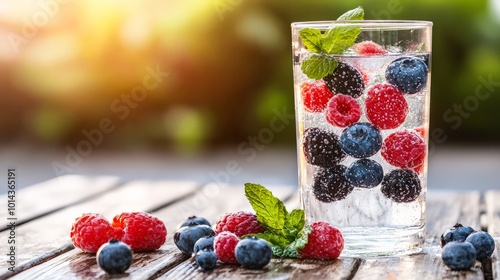 A refreshing glass of sparkling water with fresh berries and mint, placed on a picnic table during a sunny day photo