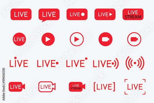 Big set of live streaming vector icons. Red symbols and buttons for broadcasting, livestream or online stream. Design template for tv, online channel, live breaking news, social media