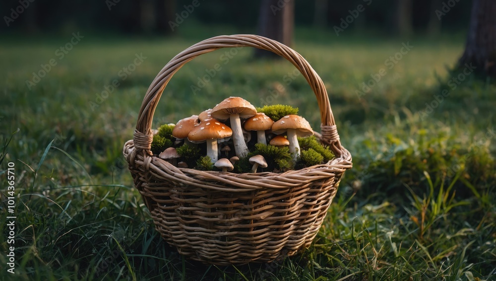 Basket filled with mushrooms, no people in the image, set against a natural background. Basket filled with mushrooms, no people in the image, set against a natural background.