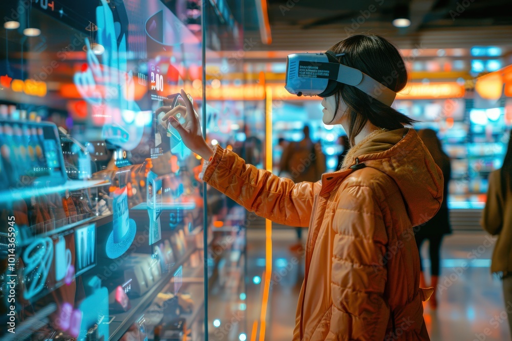 A man is pointing at a vending machine with a virtual reality headset on, generative ai image