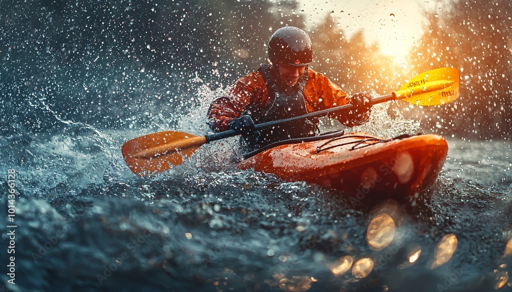 Adventurous Kayaker Conquering Turbulent River Rapids in Action-Packed Medium Shot Photo Adventurous Kayaker Conquering Turbulent River Rapids in Action-Packed Medium Shot Photo