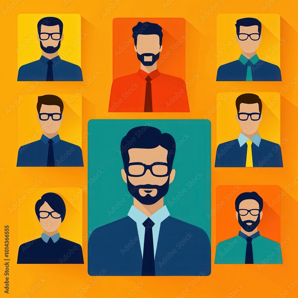 A colorful illustration featuring diverse male avatars, each with distinctive hairstyles and glasses, arranged in a grid layout for a modern and professional appearance. A colorful illustration featuring diverse male avatars, each with distinctive hairstyles and glasses, arranged in a grid layout for a modern and professional appearance.